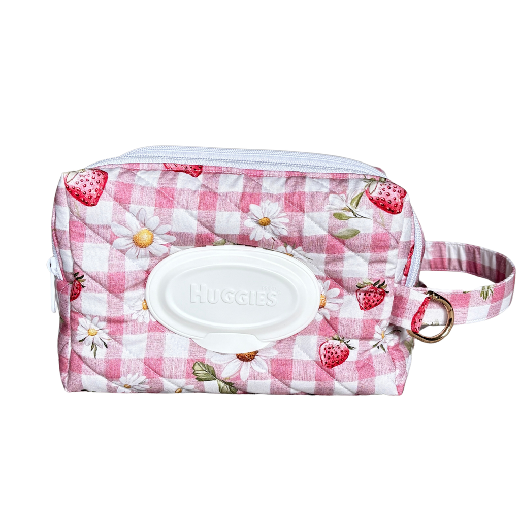 Strawberry gingham Nappy/Baby wipe bag