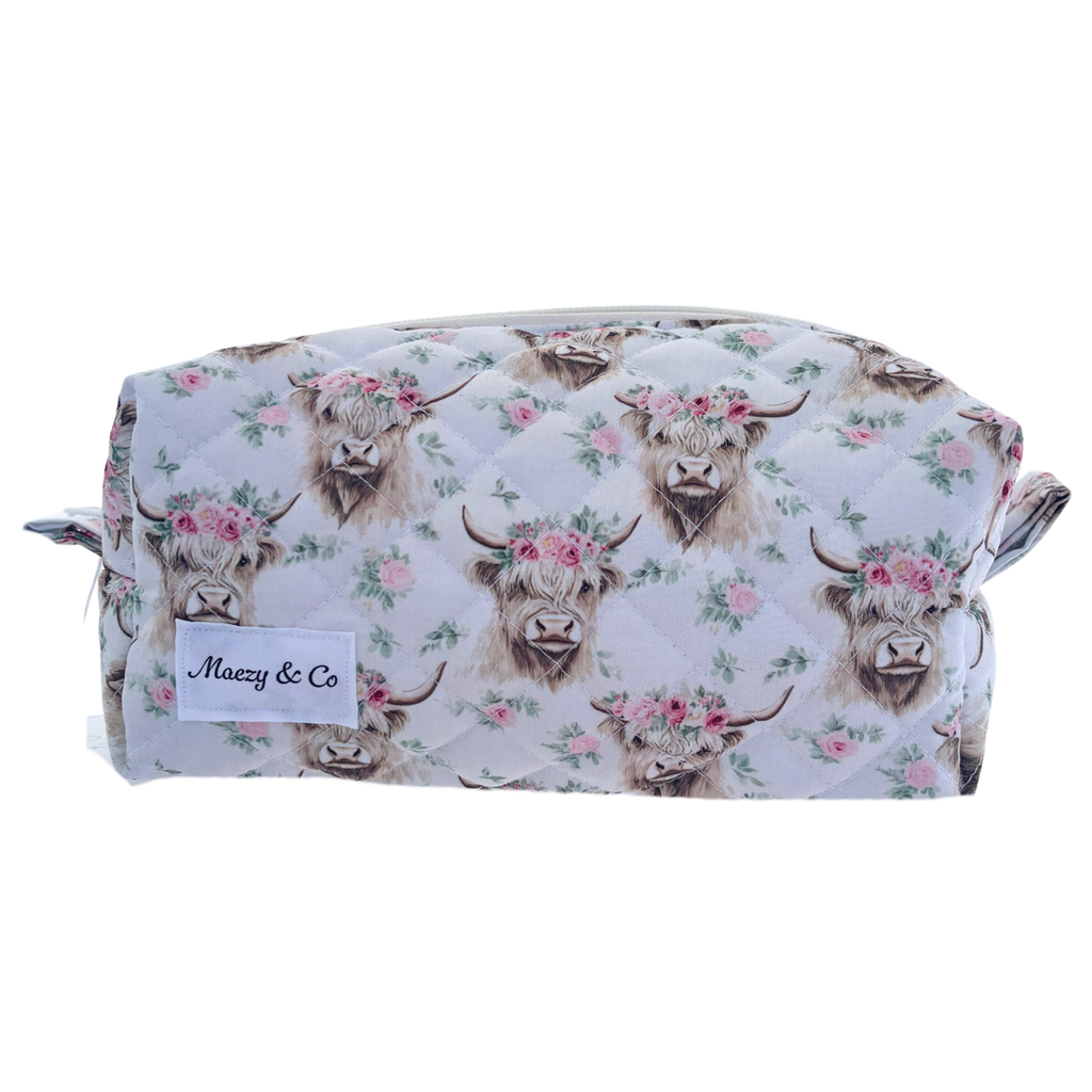 Pink highland cow makeup bag