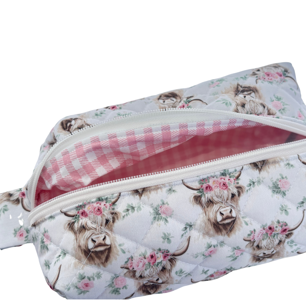 Pink highland cow makeup bag